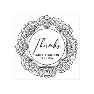 CLASSY ORNATE MANDALA CUSTOM SCRIPT THANKS WEDDING RUBBER STAMP