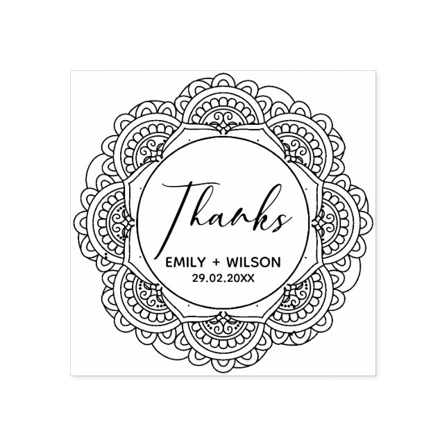 CLASSY ORNATE MANDALA CUSTOM SCRIPT THANKS WEDDING RUBBER STAMP (Imprint)