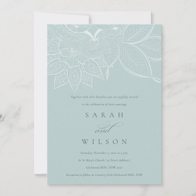 Classy Ornate Paisley Dusky Blue Wedding Invite (Front)