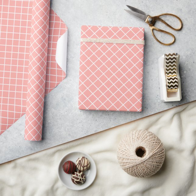 Classy Pastel Coral Orange White Check Pattern Wrapping Paper (Crafts)