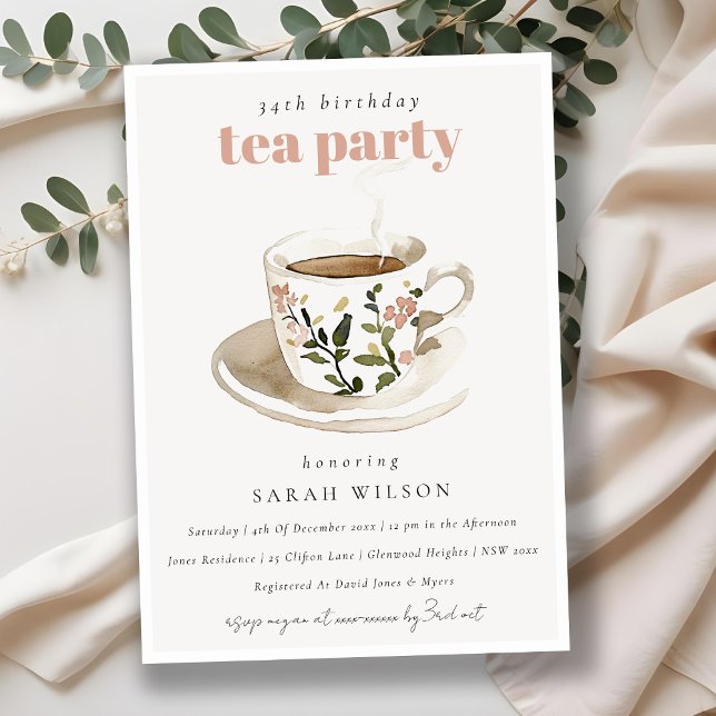 Classy Pastel Floral Tea Cup Birthday Tea Party  Invitation (Creator Uploaded)