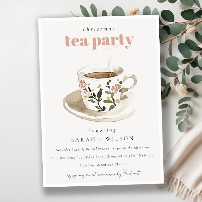 Classy Pastel Floral Tea Cup Christmas Tea Party  Invitation (Creator Uploaded)
