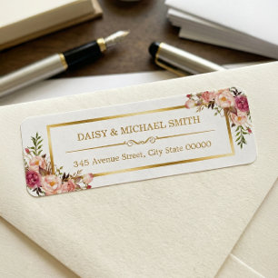 Classy Pastel Flowers White Chic Gold Frame Return Address Label