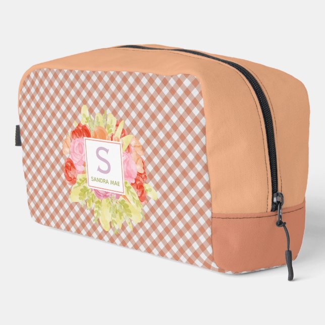 Classy Pastel Peach Orange Gingham Check Pattern Dopp Kit (Right Corner)