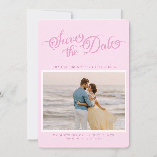 Classy Pastel Pink Elegant Script Save The Date (Front)