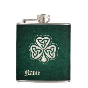 Classy pearl lucky shamrock leather personalised hip flask