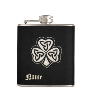 Classy pearl lucky shamrock leather personalised hip flask