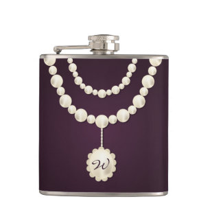 Classy Pearl Necklace Monogram Hip Flask