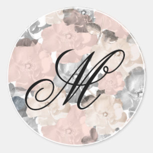 Classy Pink and Black Roses Monogram Script Classic Round Sticker