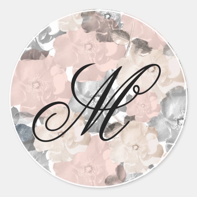 Classy Pink and Black Roses Monogram Script Classic Round Sticker (Front)