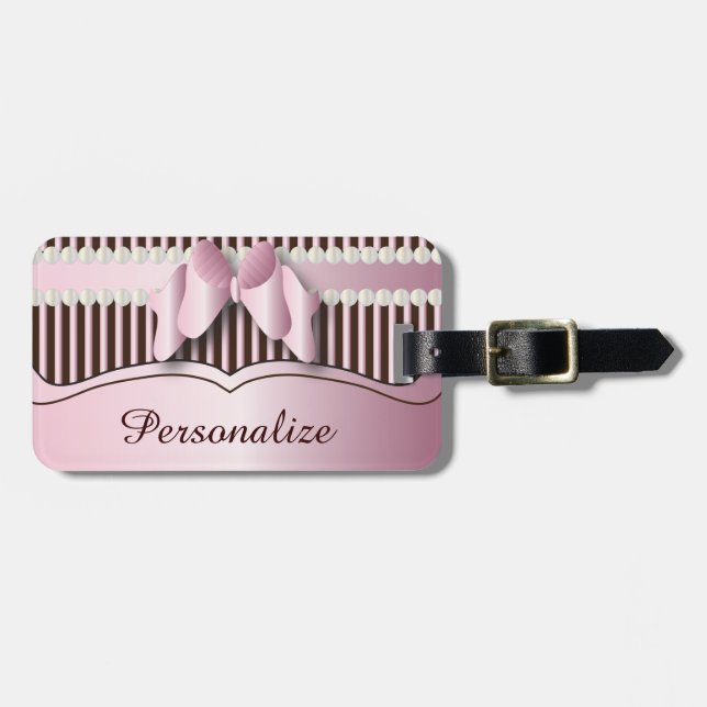 Classy Pink and Brown Striped Design Luggage Tag (Front Horizontal)