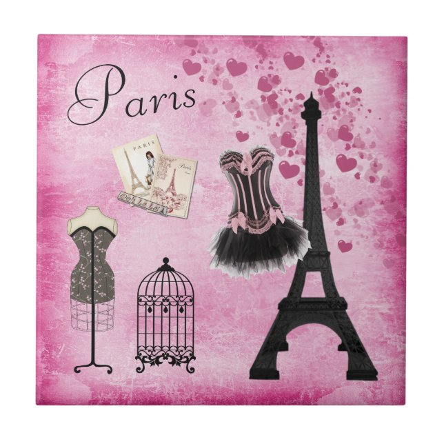 Classy Pink Black Paris Fashion Eiffel Tower Tile (Front)