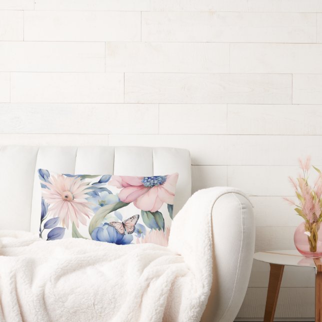 Classy Pink & Blue Flower Bunch Lumbar Cushion (Couch)