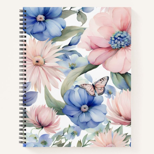 Classy Pink & Blue Flower Bunch Notebook (Front)