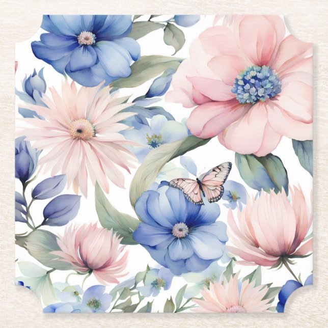Classy Pink & Blue Flower Bunch Paper Coaster (Front)