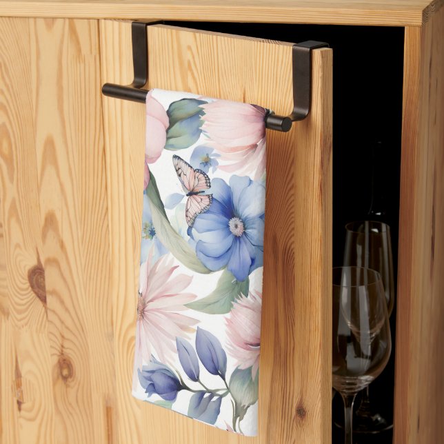Classy Pink & Blue Flower Bunch Tea Towel (Thirds Fold)