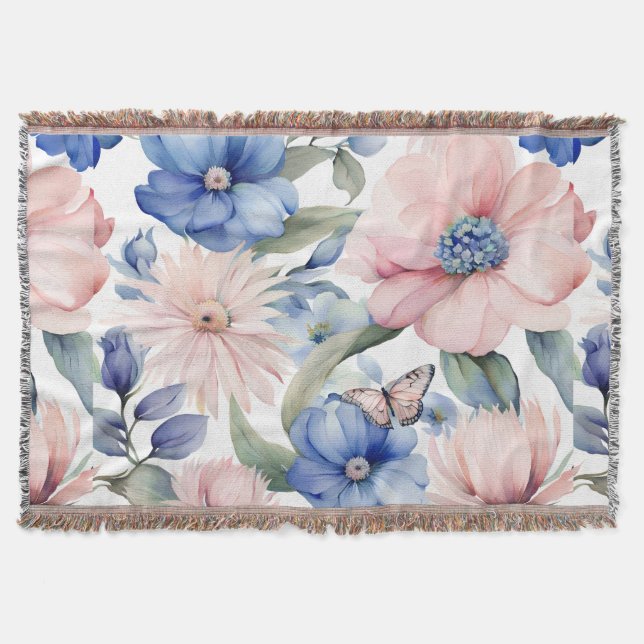 Classy Pink & Blue Flower Bunch Throw Blanket (Front)