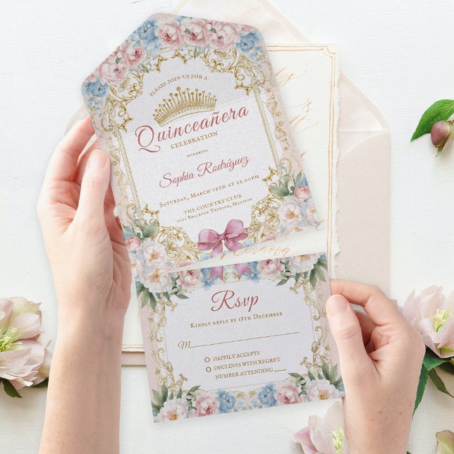 Classy Pink Bow Floral Quinceañera All In One Invitation (Classy Pink Blue Floral Quinceañera All In One Invitation)