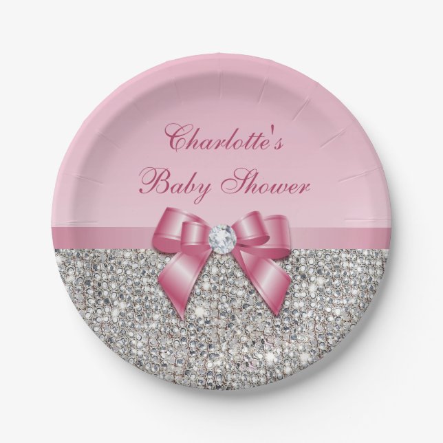 Classy Pink Bow Silver Sequins Baby Shower Paper Plate (Front)