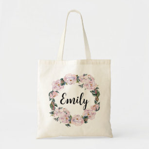 Classy Pink Floral Bridesmaid Monogram Name Tote Bag