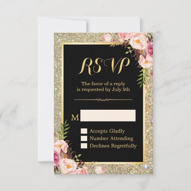 Classy Pink Floral Gold Glitter Sparkling RSVP (Front)