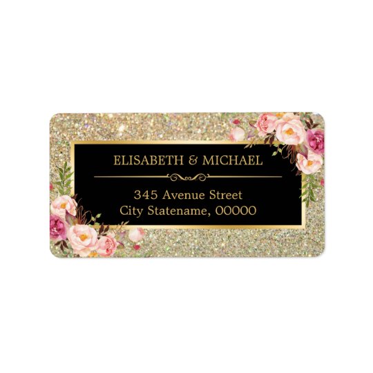 Classy Pink Floral Gold Glitter Sparkling Wedding Address Label