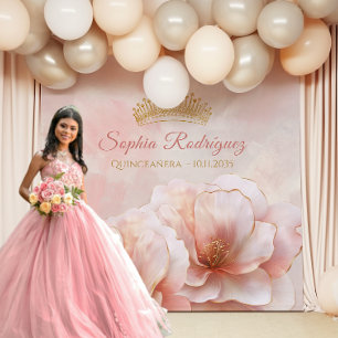 Classy Pink Floral Quinceanera Photo Backdrop Tapestry