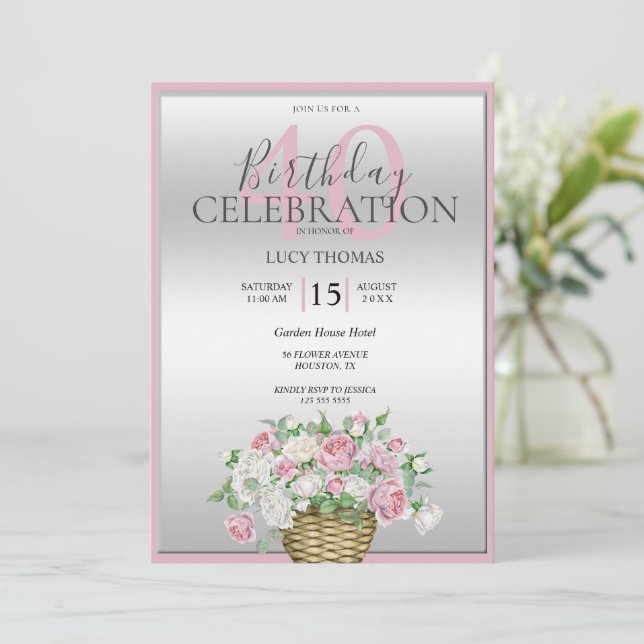Classy Pink Flower Bouquet Decoration Birthday Invitation (Standing Front)