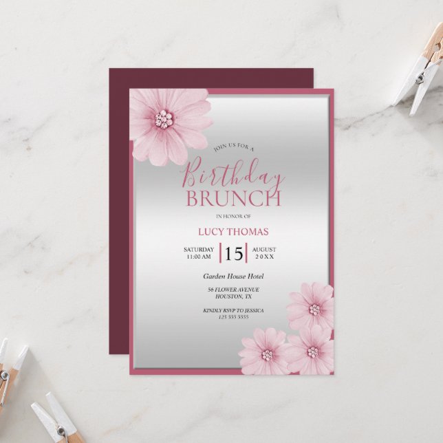 Classy Pink Flower Decoration Birthday Brunch Invitation (Front/Back In Situ)