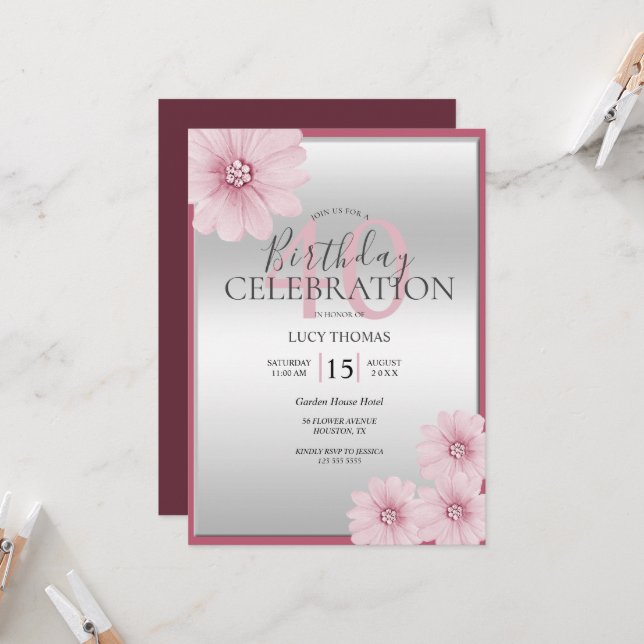 Classy Pink Flower Decoration Birthday Invitation (Front/Back In Situ)