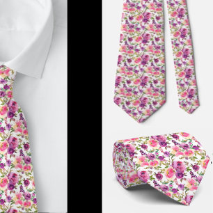 Classy Pink Purple Watercolor Roses Neck Tie
