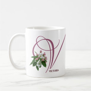 Classy pink roses flowers personal V monogram  Coffee Mug