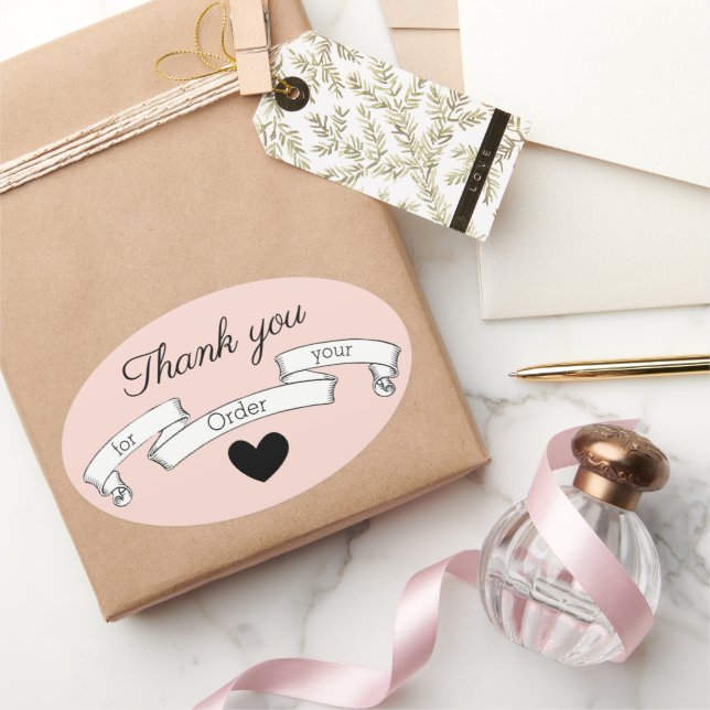 Classy Pink Thank You For Your Order Ribbon Heart Oval Sticker (Gifting)