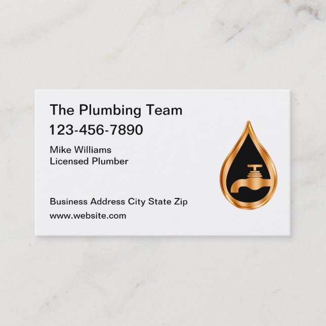Classy Plumbing Service Gold Tone Water Drop Business Card (Front)