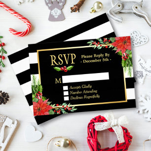 Classy Poinsettia Floral Gold Black White Stripes RSVP Card