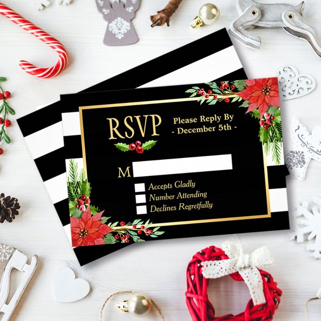 Classy Poinsettia Floral Gold Black White Stripes RSVP Card (Creator Uploaded)