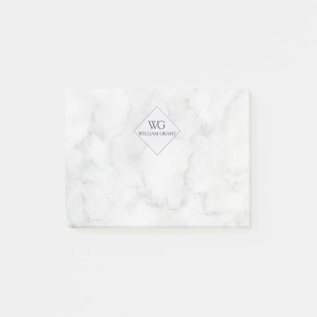 Classy Promotional White Marble Monogram Post-it Notes (Front)