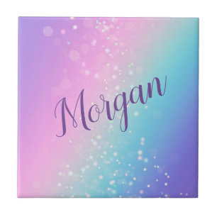 Classy Purple & Blue Bokeh Star, Name or Monogram  Ceramic Tile
