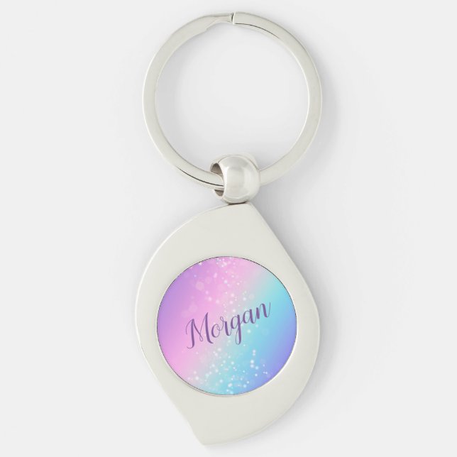Classy Purple & Blue Bokeh Star, Name or Monogram  Key Ring (Front)