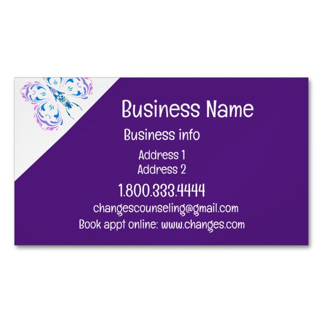 Classy Purple Butterfly Changes Counseling Service Magnetic Business Card (Front)