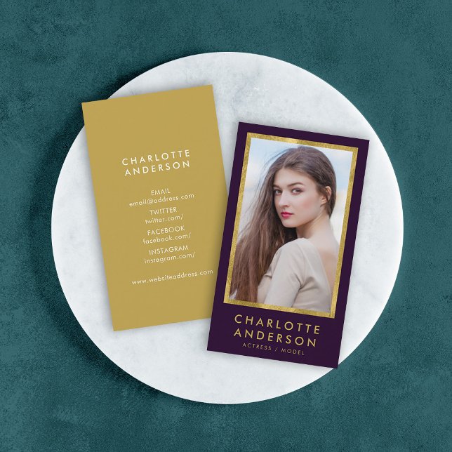 Classy Purple Faux Gold Headshot Photo Business Card (Creator Uploaded)