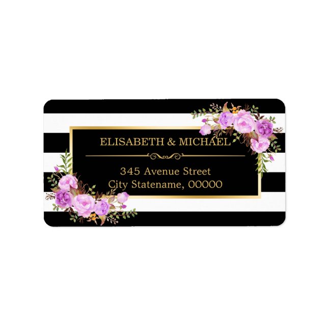 Classy Purple Floral Gold Black White Stripes Label (Front)