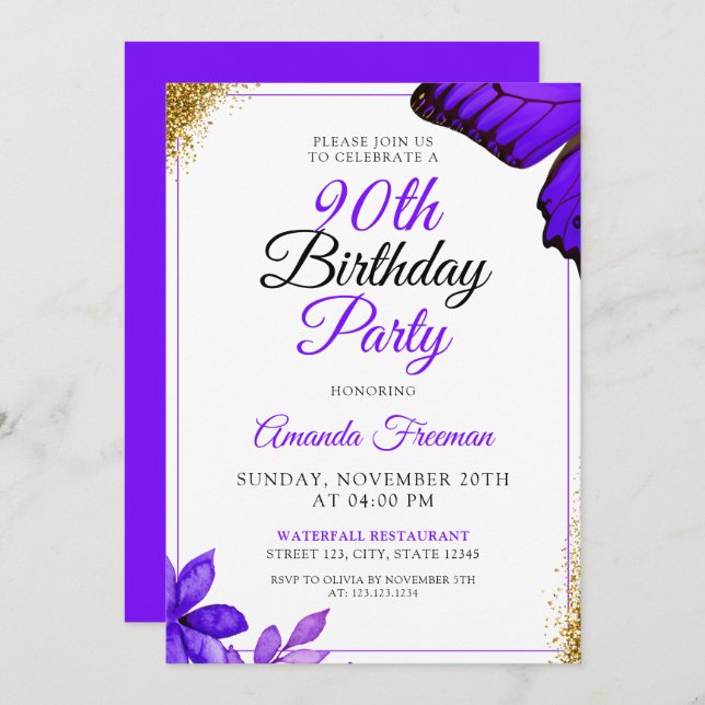 Classy Purple Flowers 90th Birthday Invitation (Front/Back)