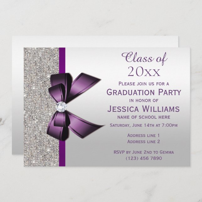 Classy Purple Gem Bow, Silver Sequins Graduation Invitation (Front/Back)
