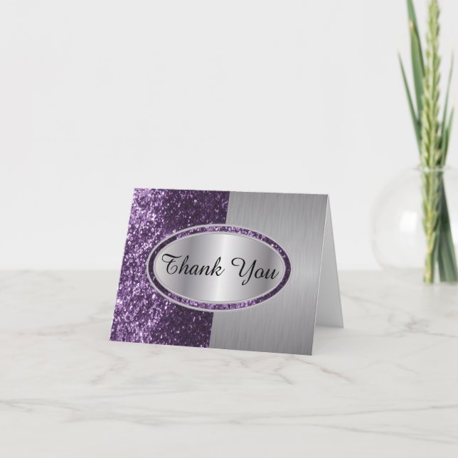 Classy Purple Glitter Brush Steel Metal Look Thank You Card (Front)