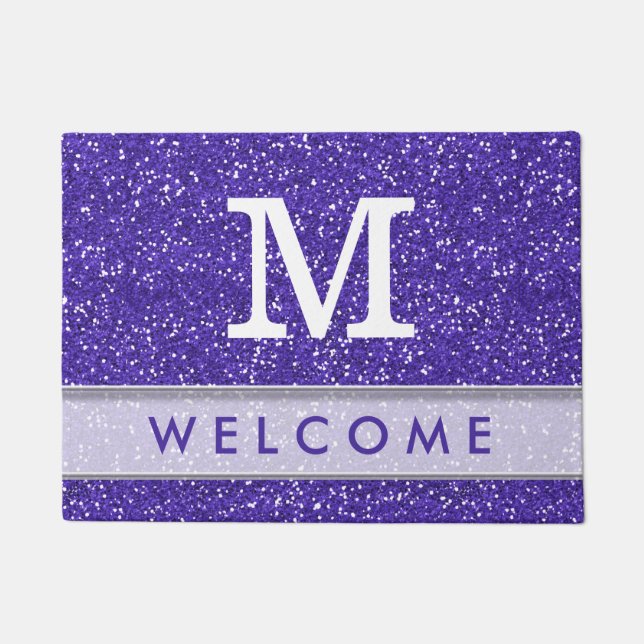 Classy Purple Glitter Look Monogrammed Welcome Doormat (Front)