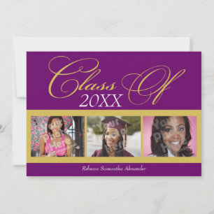Classy Purple/Gold 3 Photo Graduation Announcement
