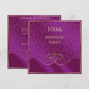 Classy Purple & Gold Swirls, Damask 100th Birthday Invitation