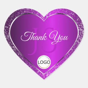 Classy Purple Logo Initials Glitter Cute Thank You Heart Sticker