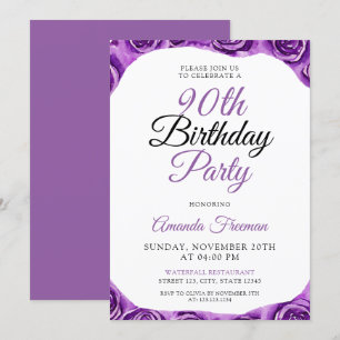 Classy Purple Rose 90th Birthday Invitation
